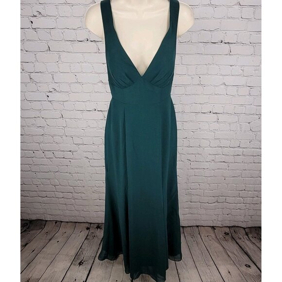 Azazie Dark Green Chiffon Tie Back Padded Bridesmaid Maxi Dress Gown Size C - Picture 1 of 16